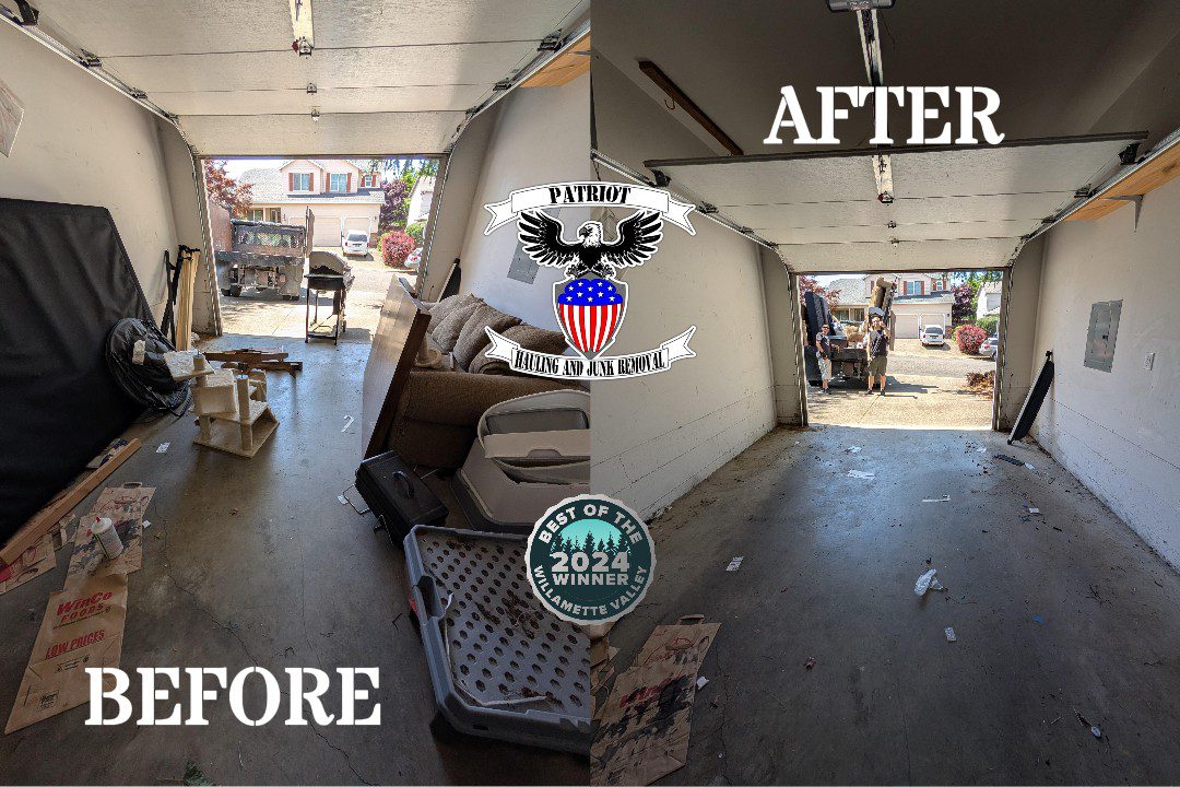 Before and After Garage Cleanout Salem Oregon This shows the before and after of a garage cleanout in Salem Oregon. Also includes the seal for the winner of "Best of Willamette valley 2024"